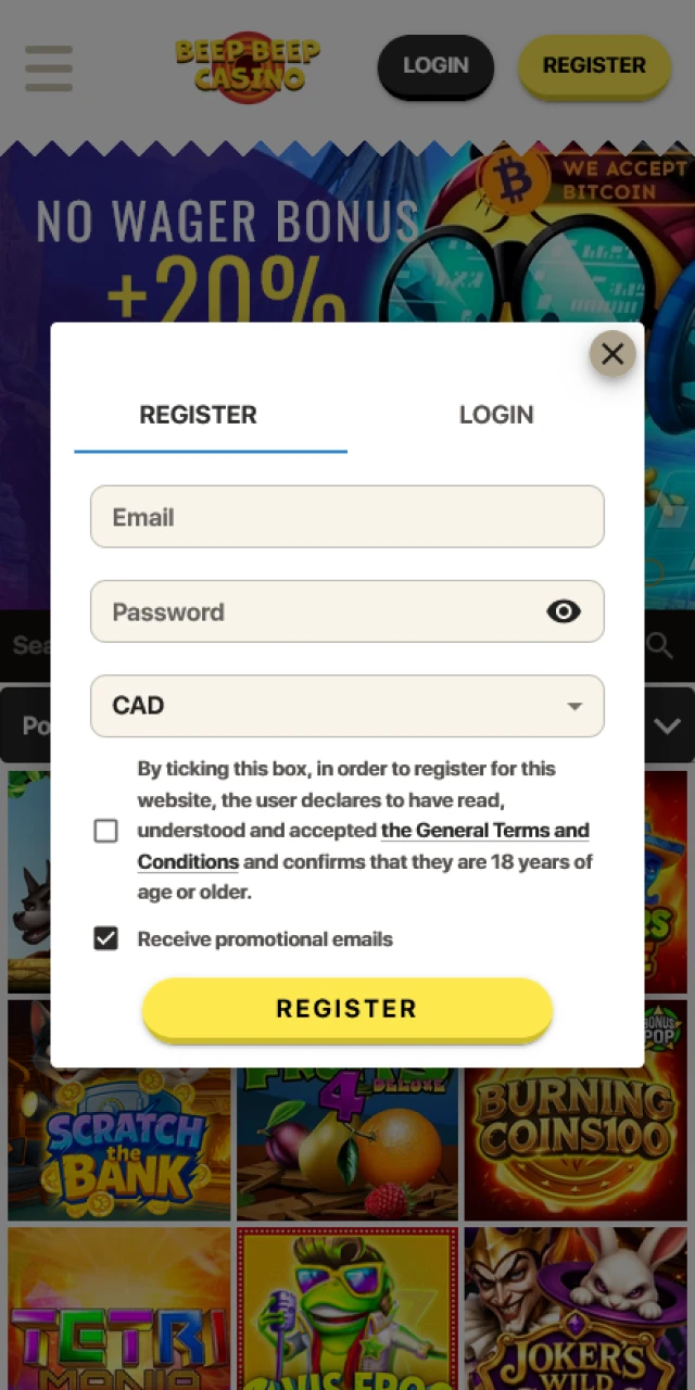 Fill out the simple registration form on the mobile Beep Beep Casino app.