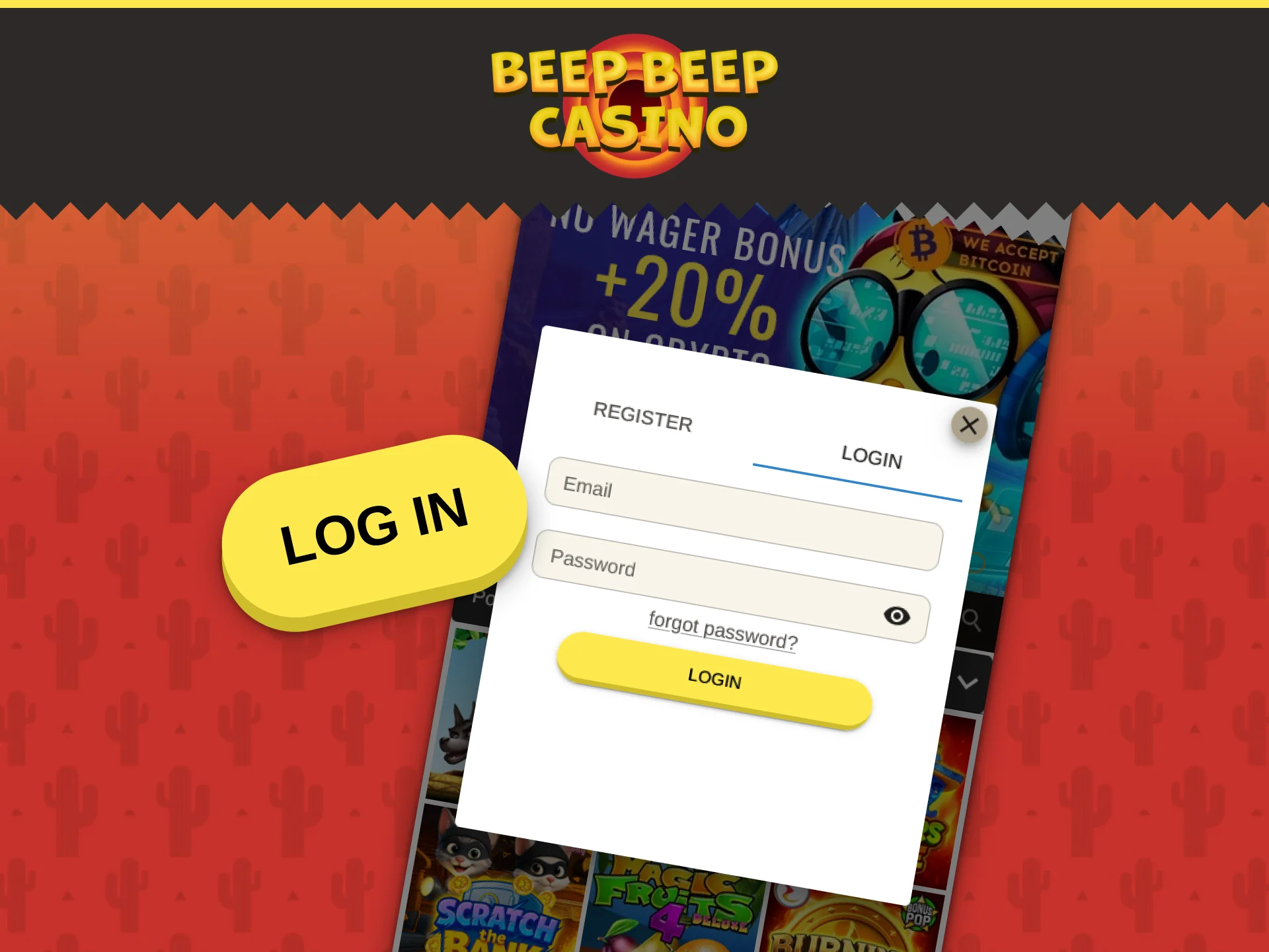 Sign in to your gaming profile through the Beep Beep Casino app.