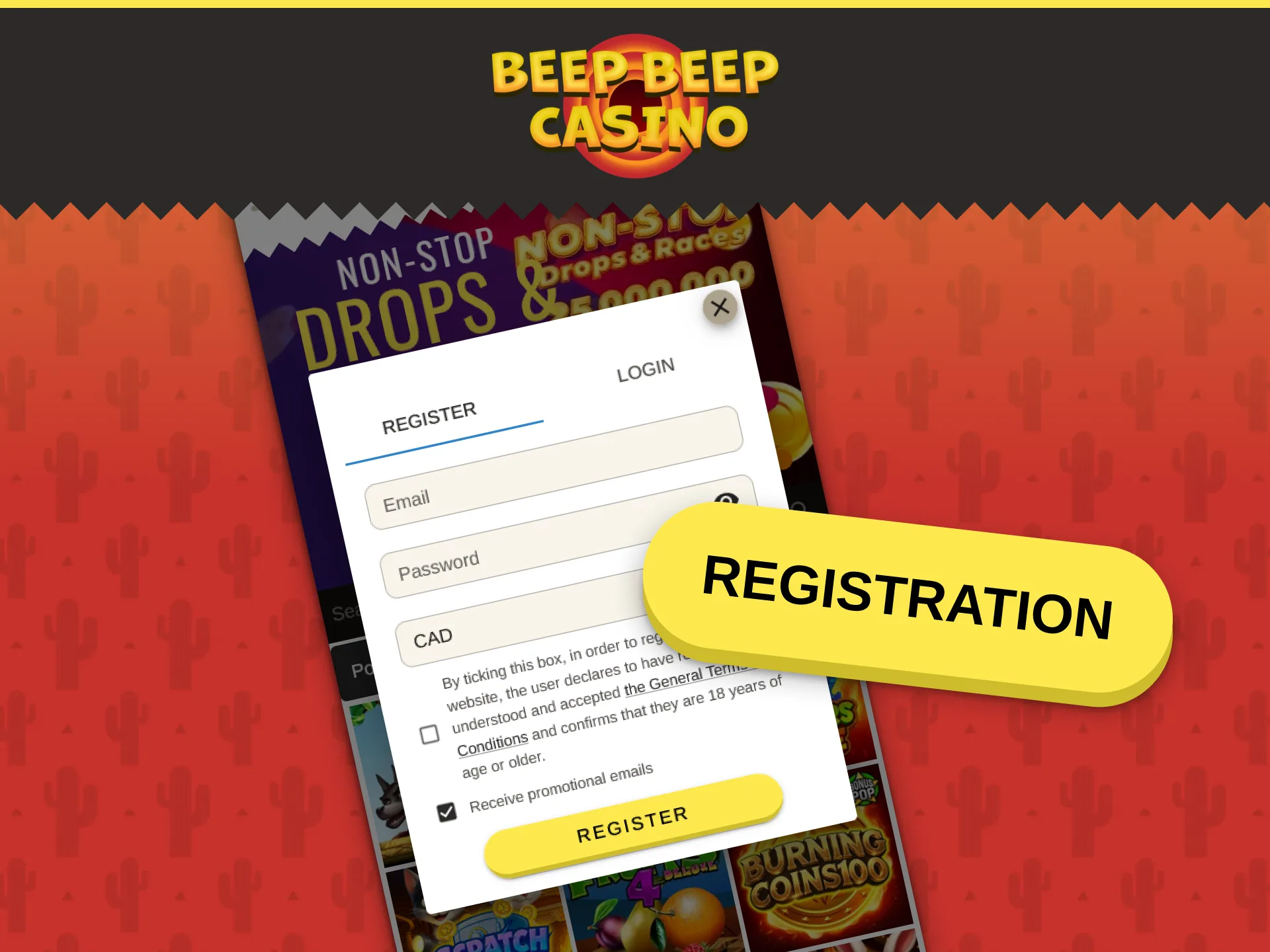Open the Beep Beep Casino app to register a personal account.