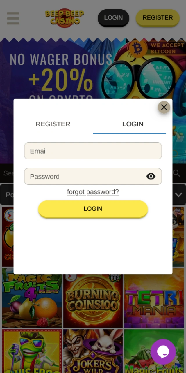 Log in to Beep Beep Casino on Android to launch Aviator.