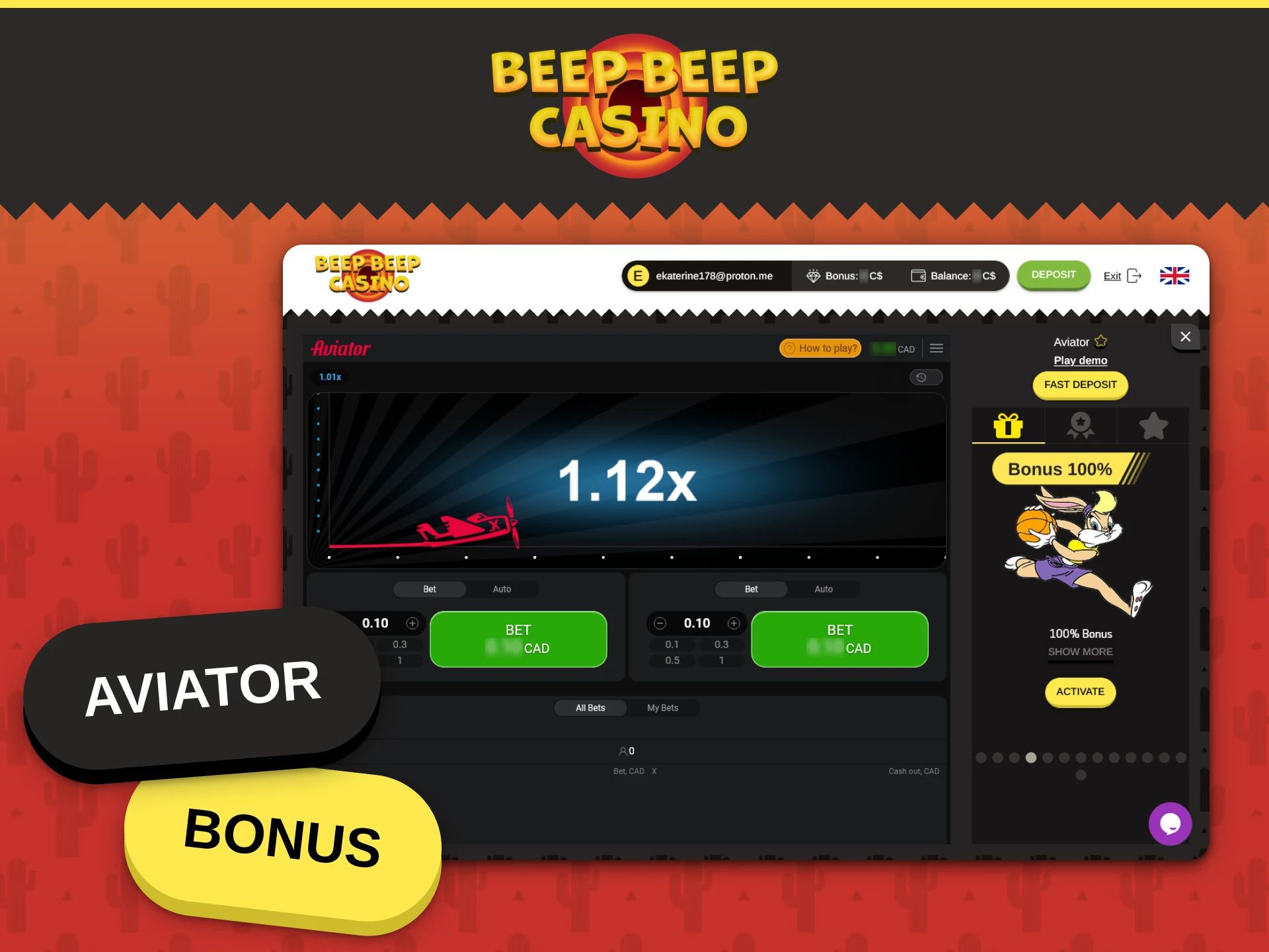 Activate your Beep Beep Casino bonus offer for the Aviator game.