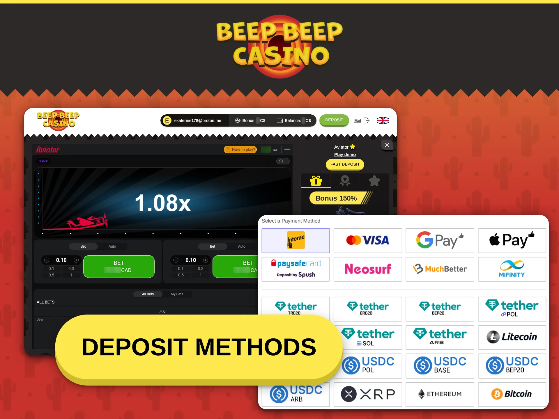 Use safe deposit methods at Beep Beep Casino for Aviator betting.
