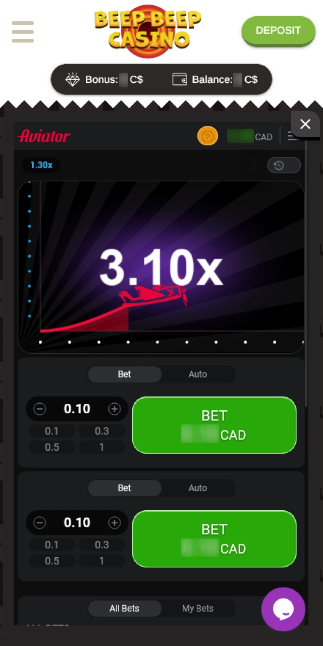 Set your wagers and cash out in Beep Beep Casino Aviator.