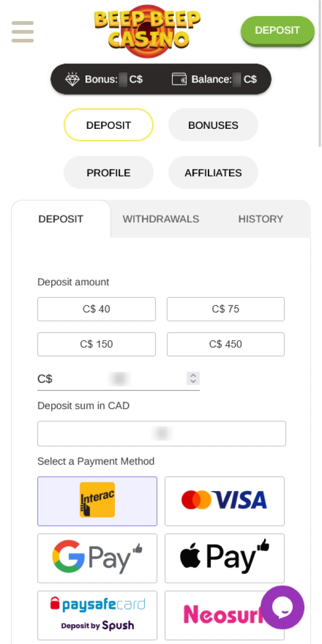 Log in to your Beep Beep Casino account and deposit to play Aviator.