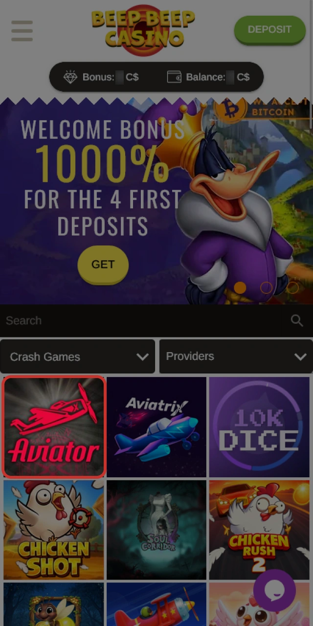 Launch the casino lobby and find Aviator at Beep Beep Casino.