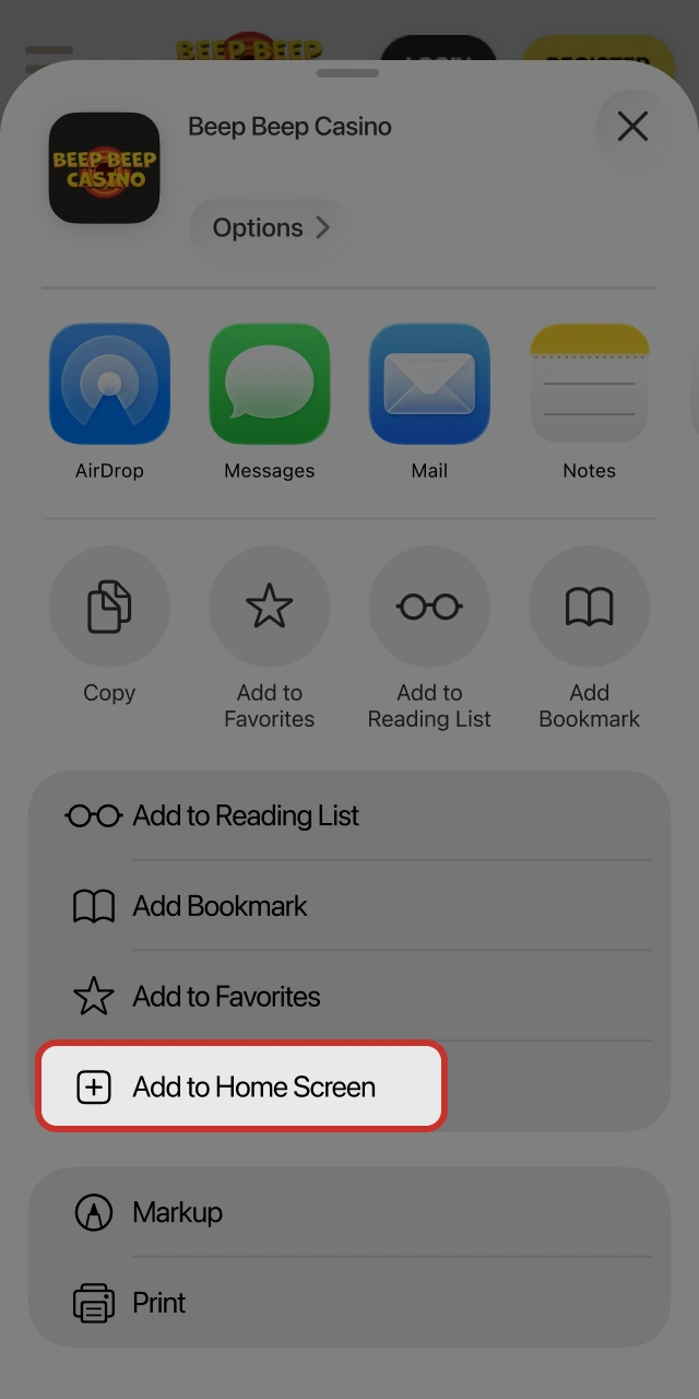Choose Add to Home Screen on iOS for Beep Beep Casino Aviator.