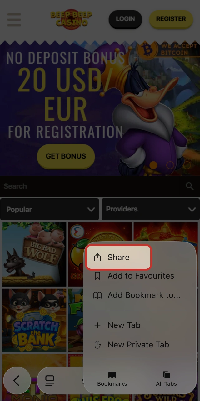 Tap the browser share icon on iOS for Beep Beep Casino Aviator.