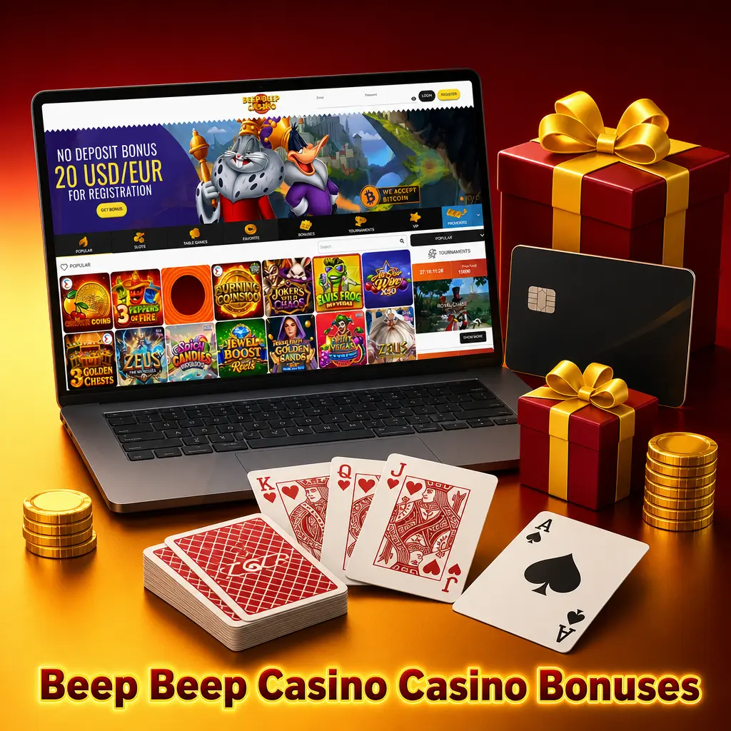 Beep Beep Casino bonuses: match deposits, weekly reload, live casino cashback, and Friday free spins for slots and tables.