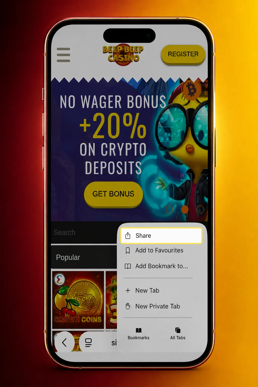 Steps to download and install Aviator on iOS via Beep Beep Casino progressive web app on iPhone or iPad.
