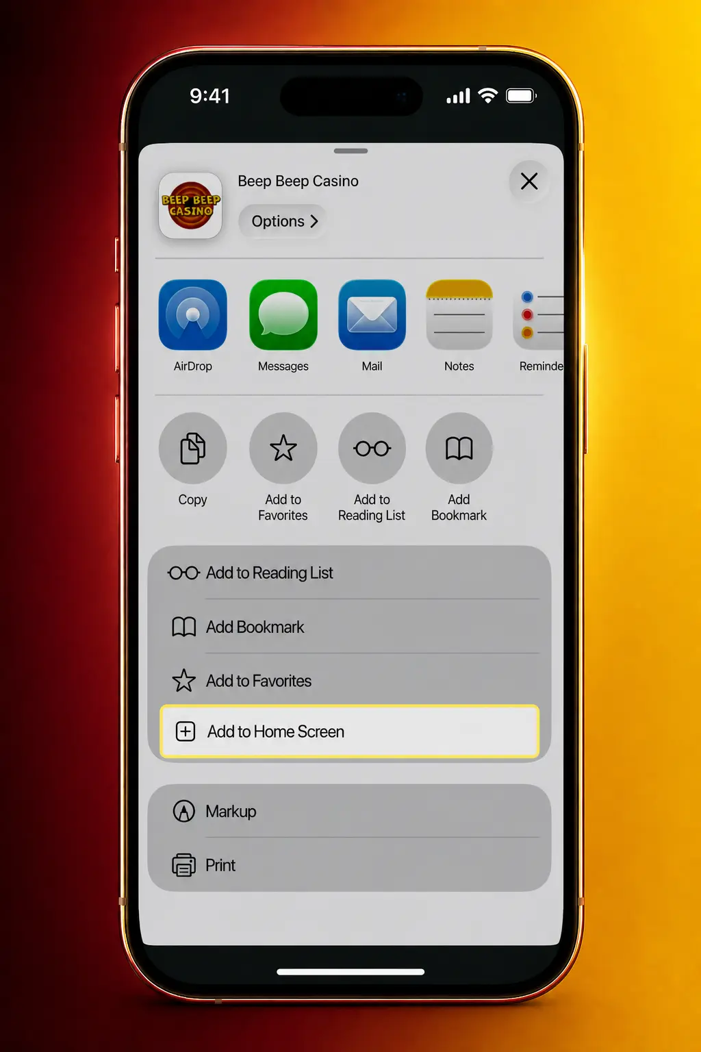 Steps to install Aviator on iOS via Beep Beep Casino PWA using Safari's add to home screen feature.