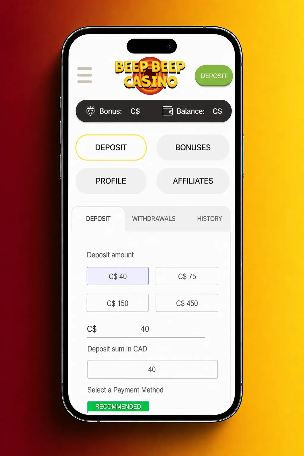 Steps to register, deposit, and redeem a bonus code like BEEP400 at Beep Beep Casino in Canada.