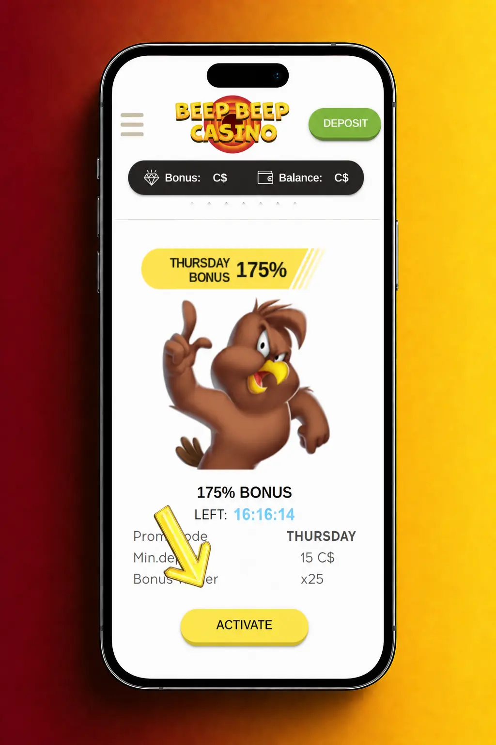 Steps to register, deposit, and enter a promo code to claim a bonus at Beep Beep Casino in Canada.