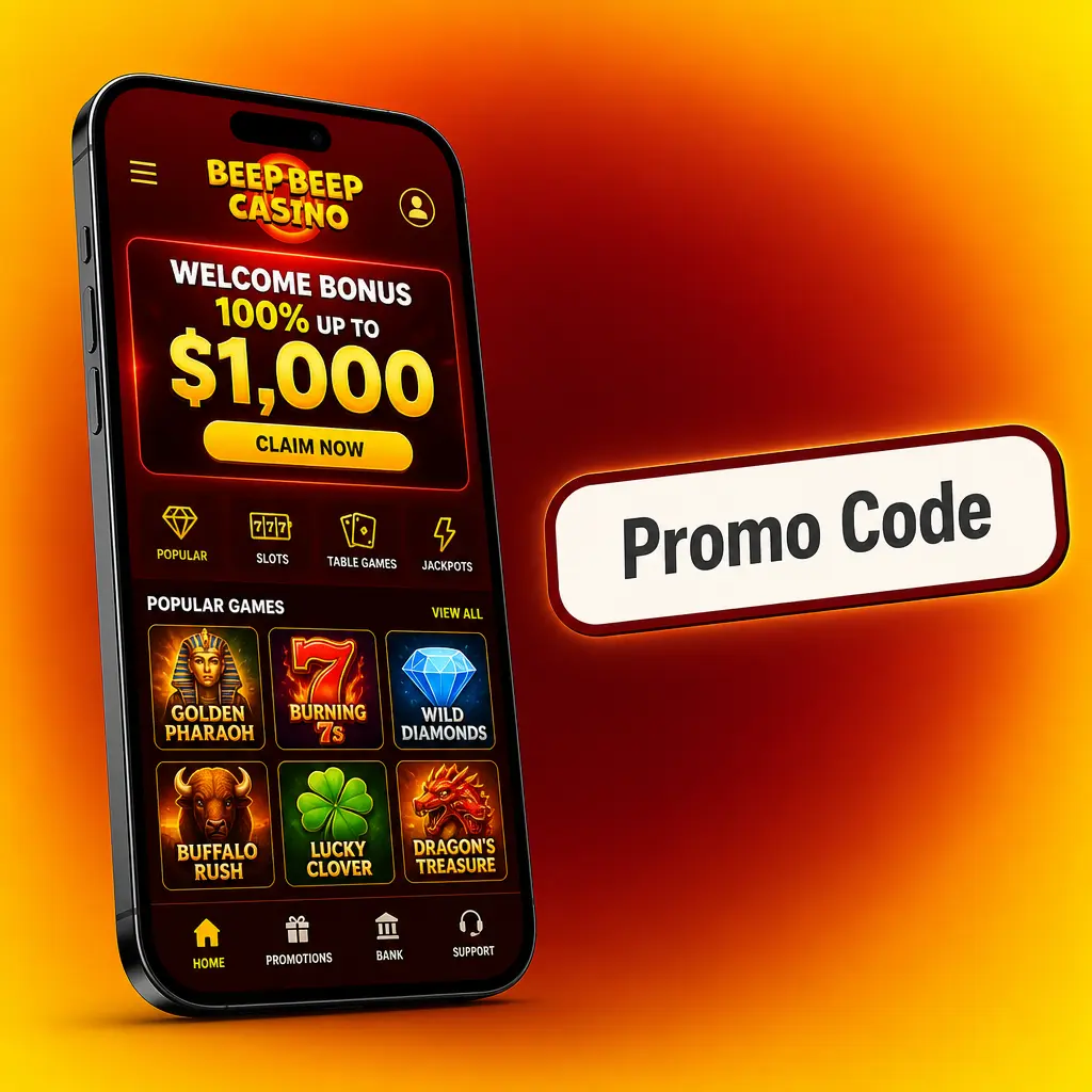 Beep Beep Casino promo codes table listing six welcome bonuses and deposit offers with corresponding codes
