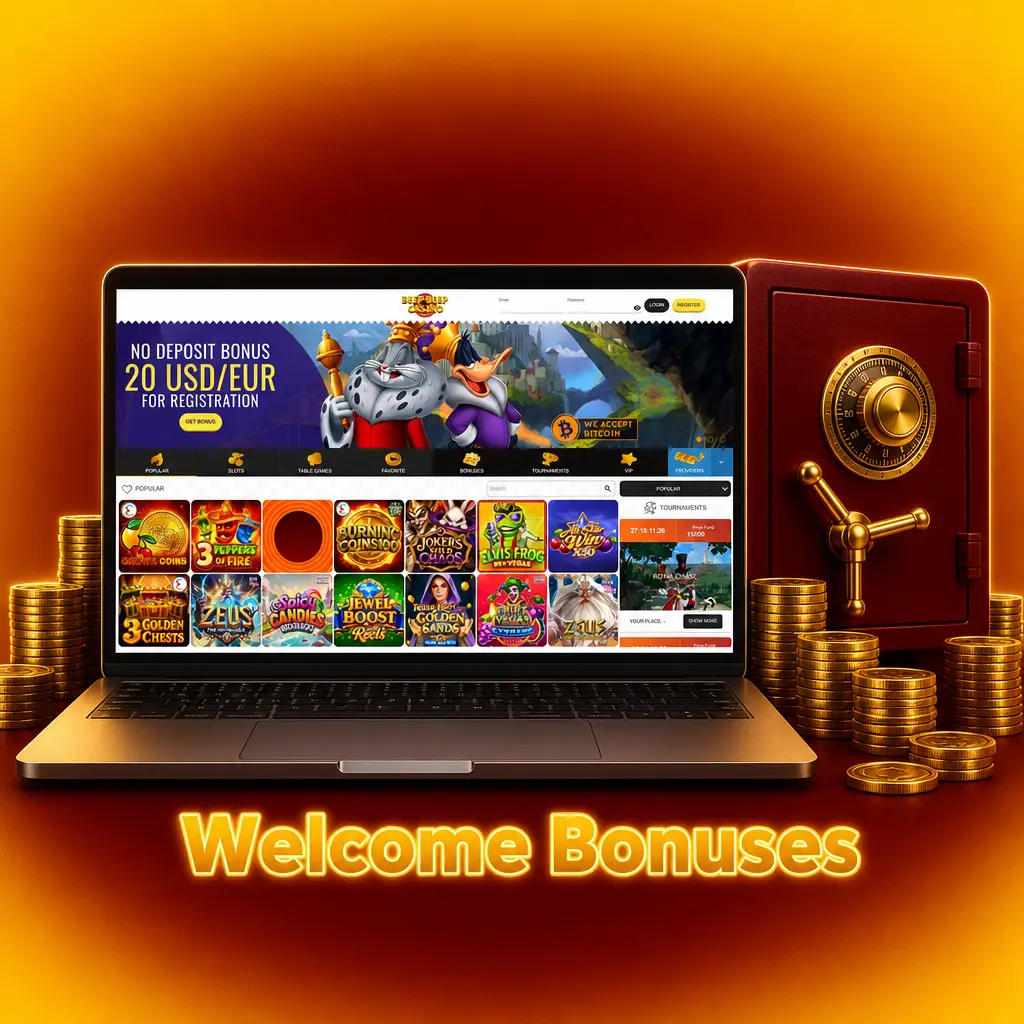 Beep Beep Casino welcome bonuses table showing four deposit matches plus a sportsbook match with wagering details