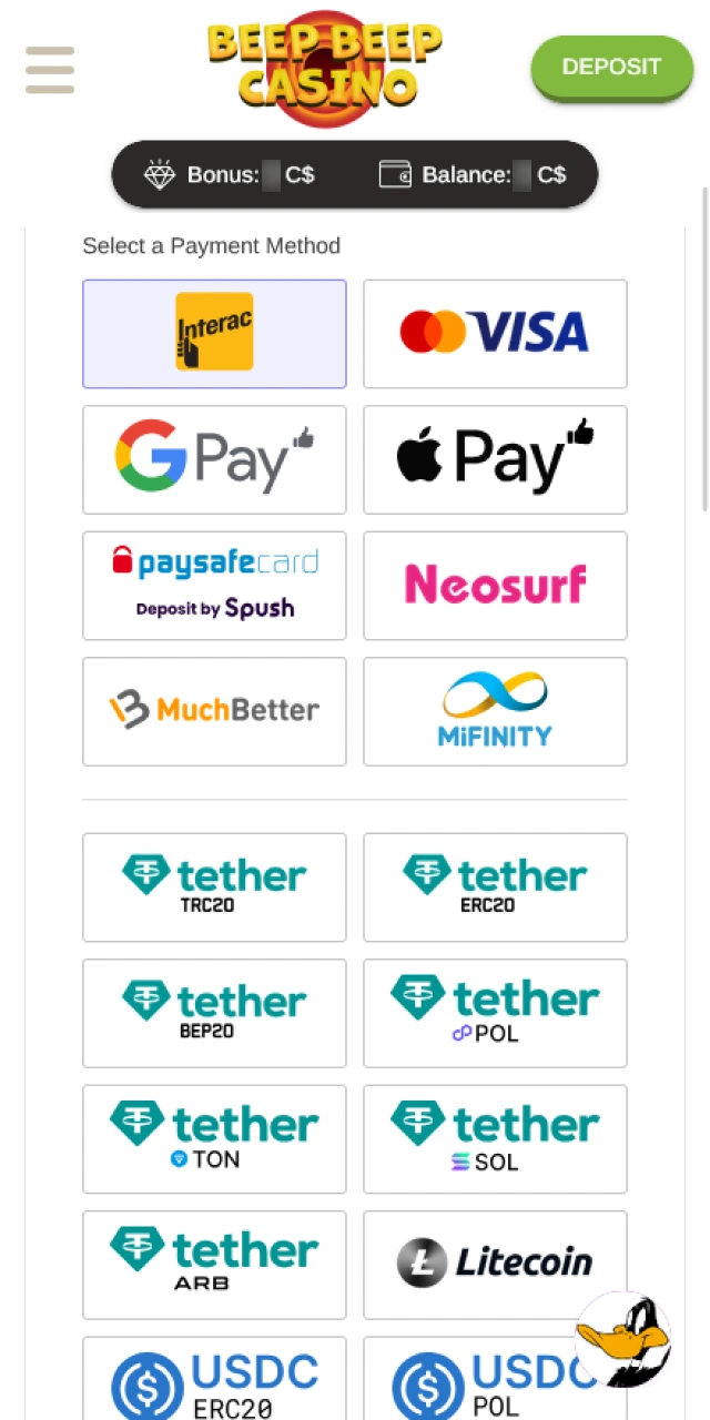 Select your preferred payment method for a deposit on Beep Beep Casino.