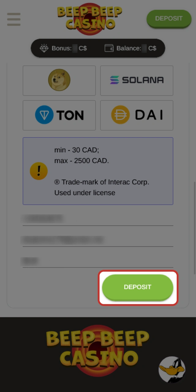 Confirm your transaction to finish the Beep Beep Casino deposit.