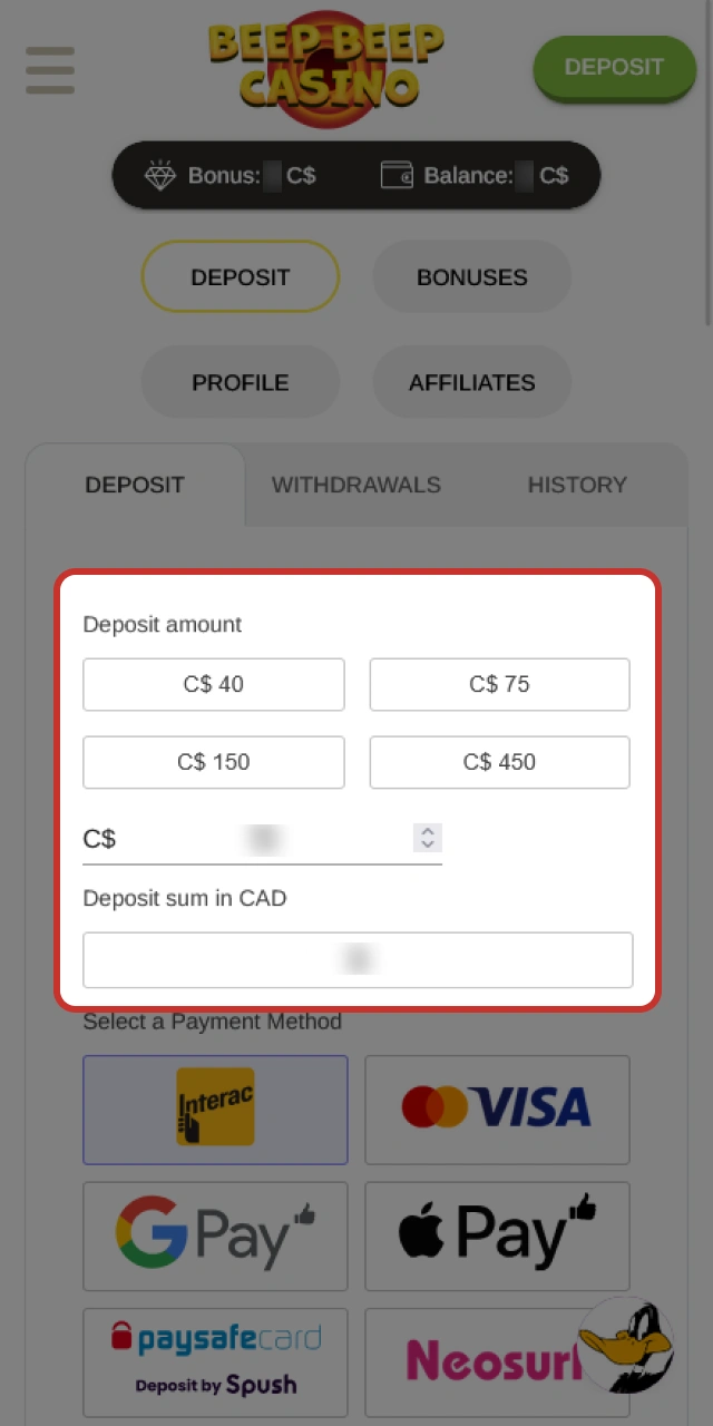 Specify your desired deposit amount in your Beep Beep Casino balance.