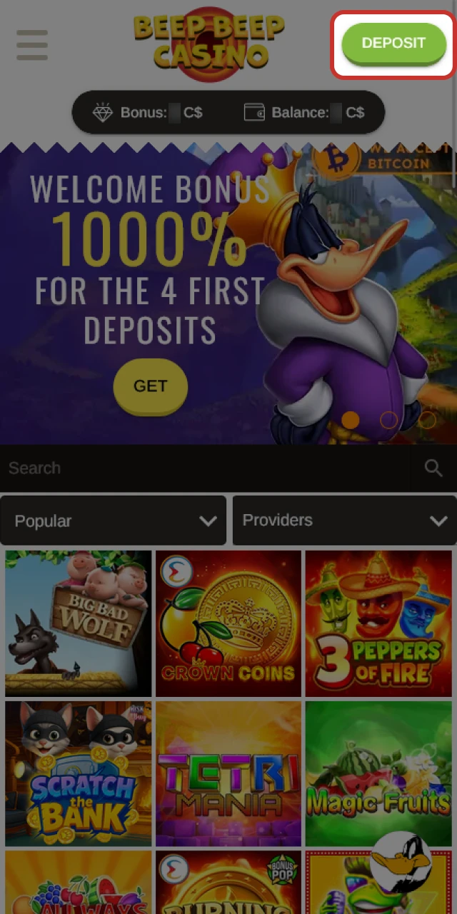 Open the Cashier section at Beep Beep Casino to manage your deposit.