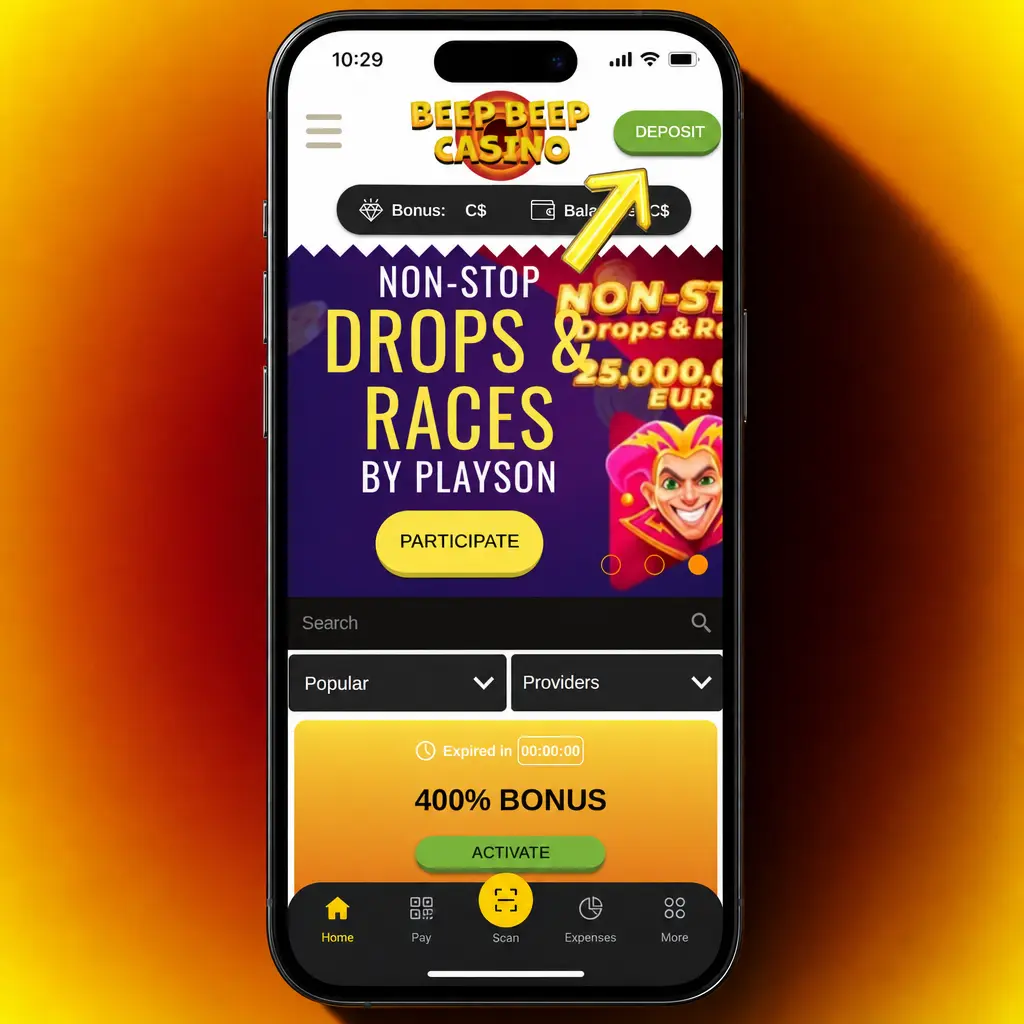 Step-by-step deposit instructions at Beep Beep Casino showing payment methods for Canadian users