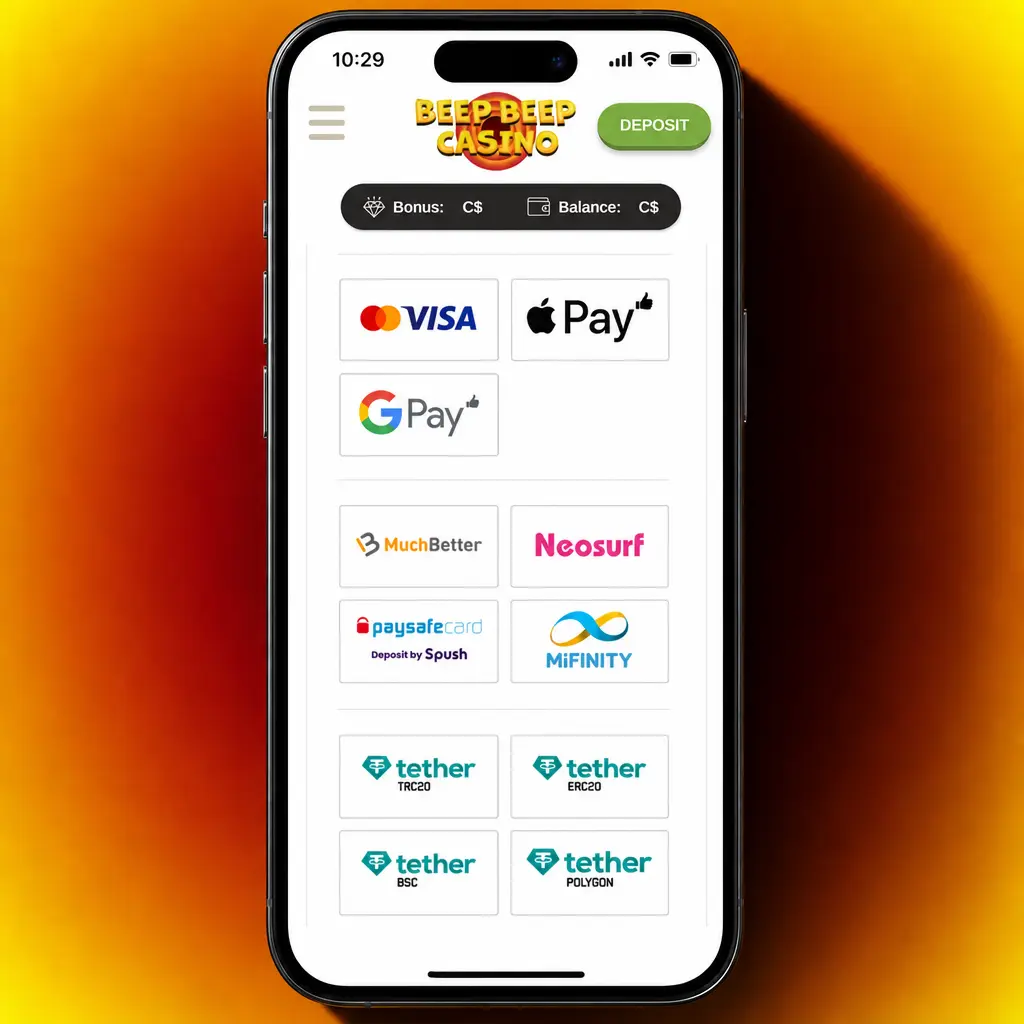 Step-by-step deposit instructions for Beep Beep Casino showing payment method selection and transaction confirmation for Canadian users.