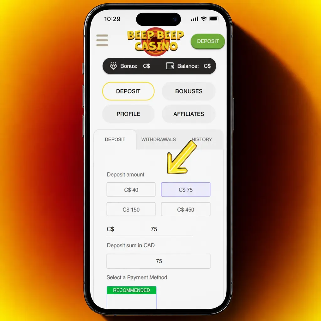Step-by-step deposit instructions for Beep Beep Casino showing payment methods and account dashboard for Canadian users.
