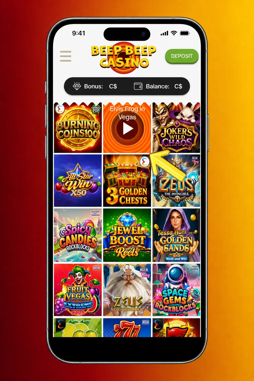 Step-by-step guide showing how to log in, select slots, choose a game, adjust stake, and spin at Beep Beep Casino.