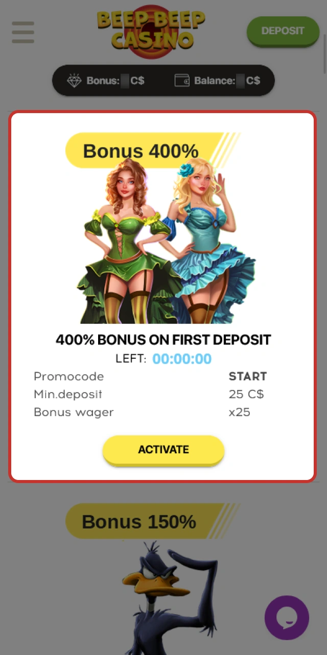 Activate your welcome bonus at Beep Beep Casino for live casino.