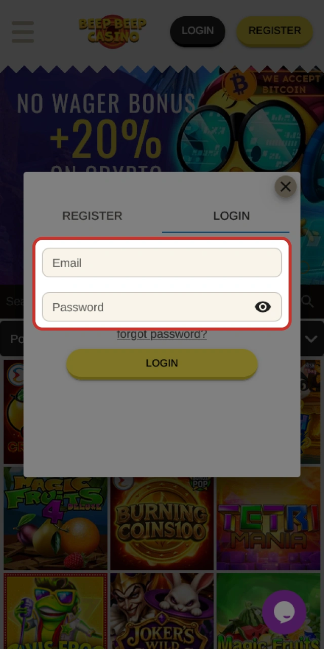 Enter your sign in details for Beep Beep Casino app login.