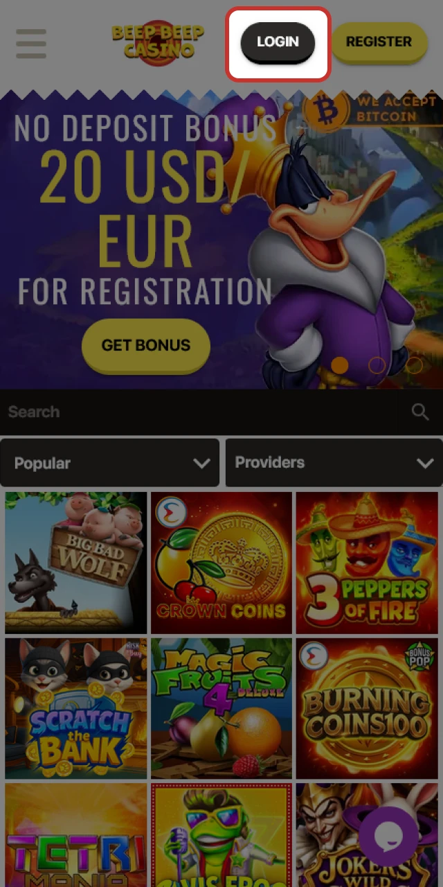 Click the main login button displayed in the Beep Beep Casino app.