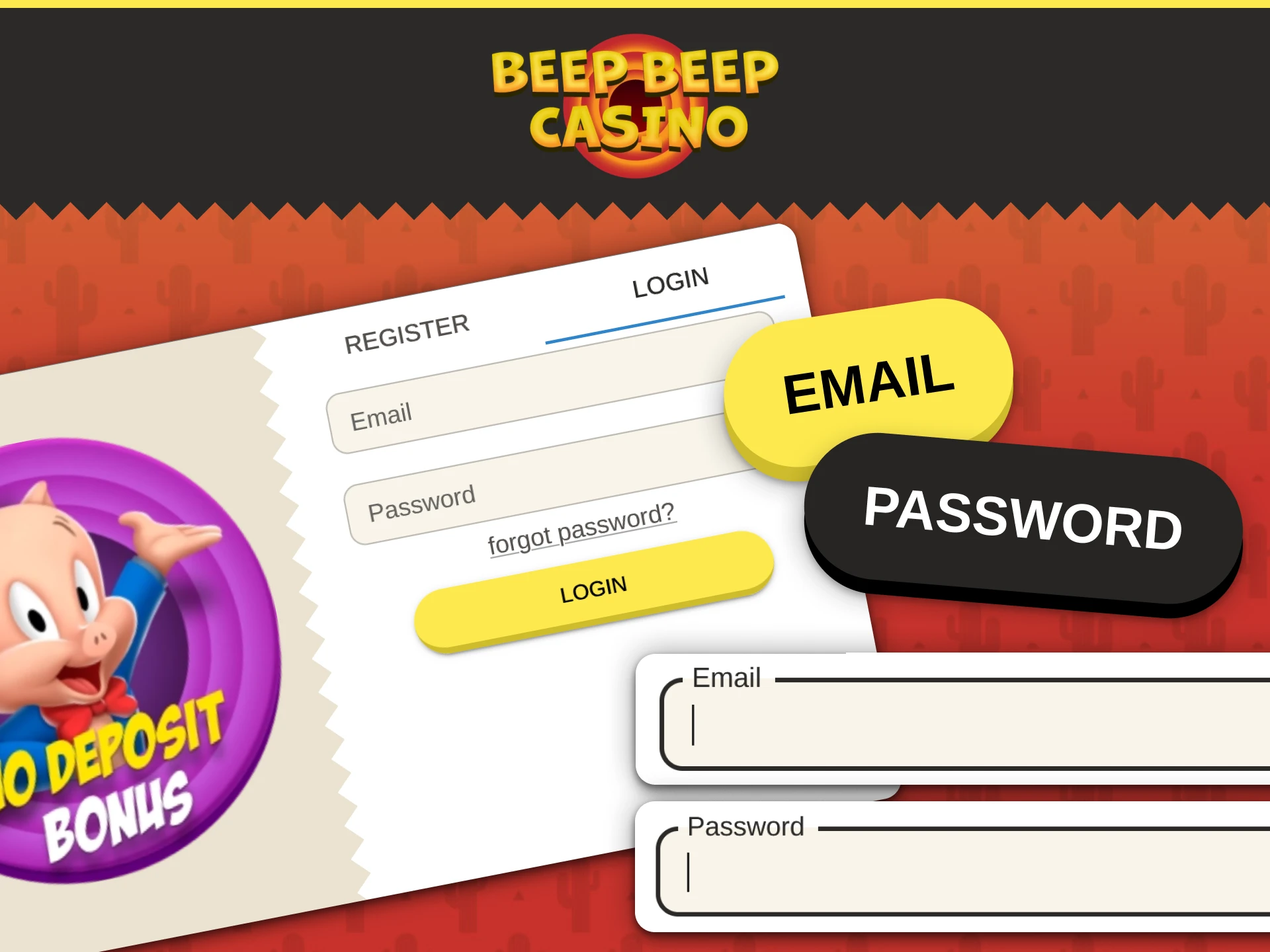 Use your email and password to log in securely to Beep Beep Casino.