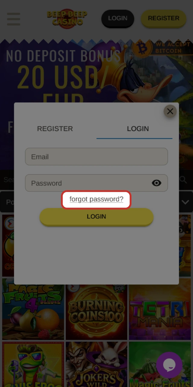 Click the forgot password option on the Beep Beep Casino login screen.
