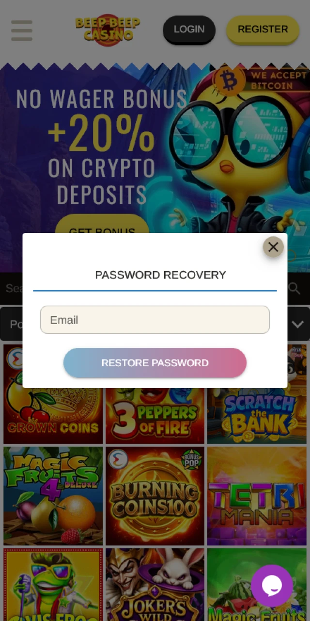 Type your email address to initiate password recovery at Beep Beep Casino.