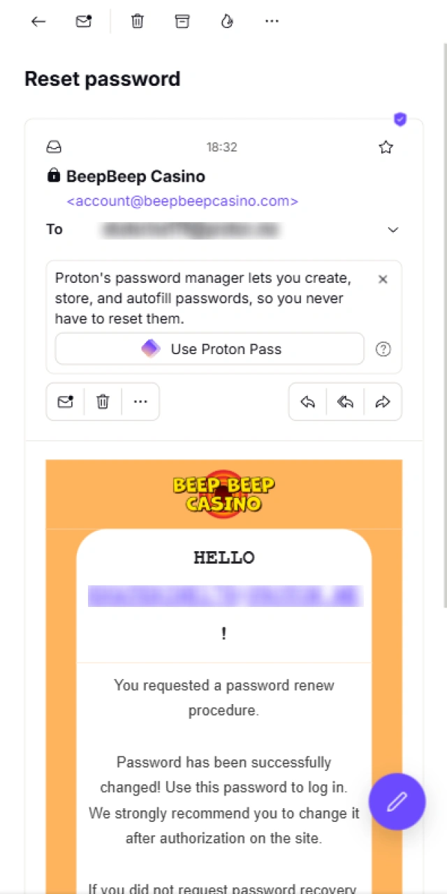 Open the password reset email sent to you by Beep Beep Casino.