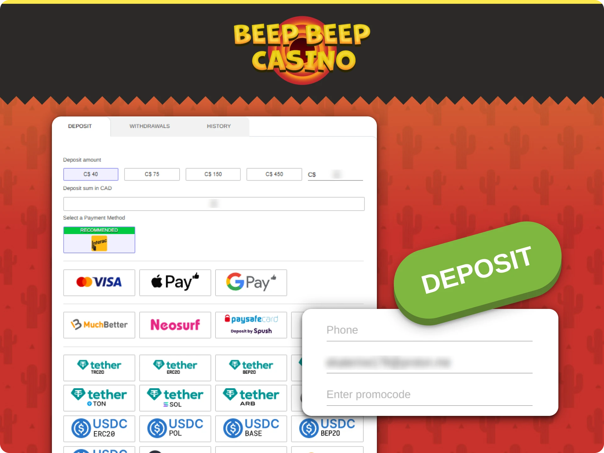 Add funds to your Beep Beep Casino wallet and start betting.