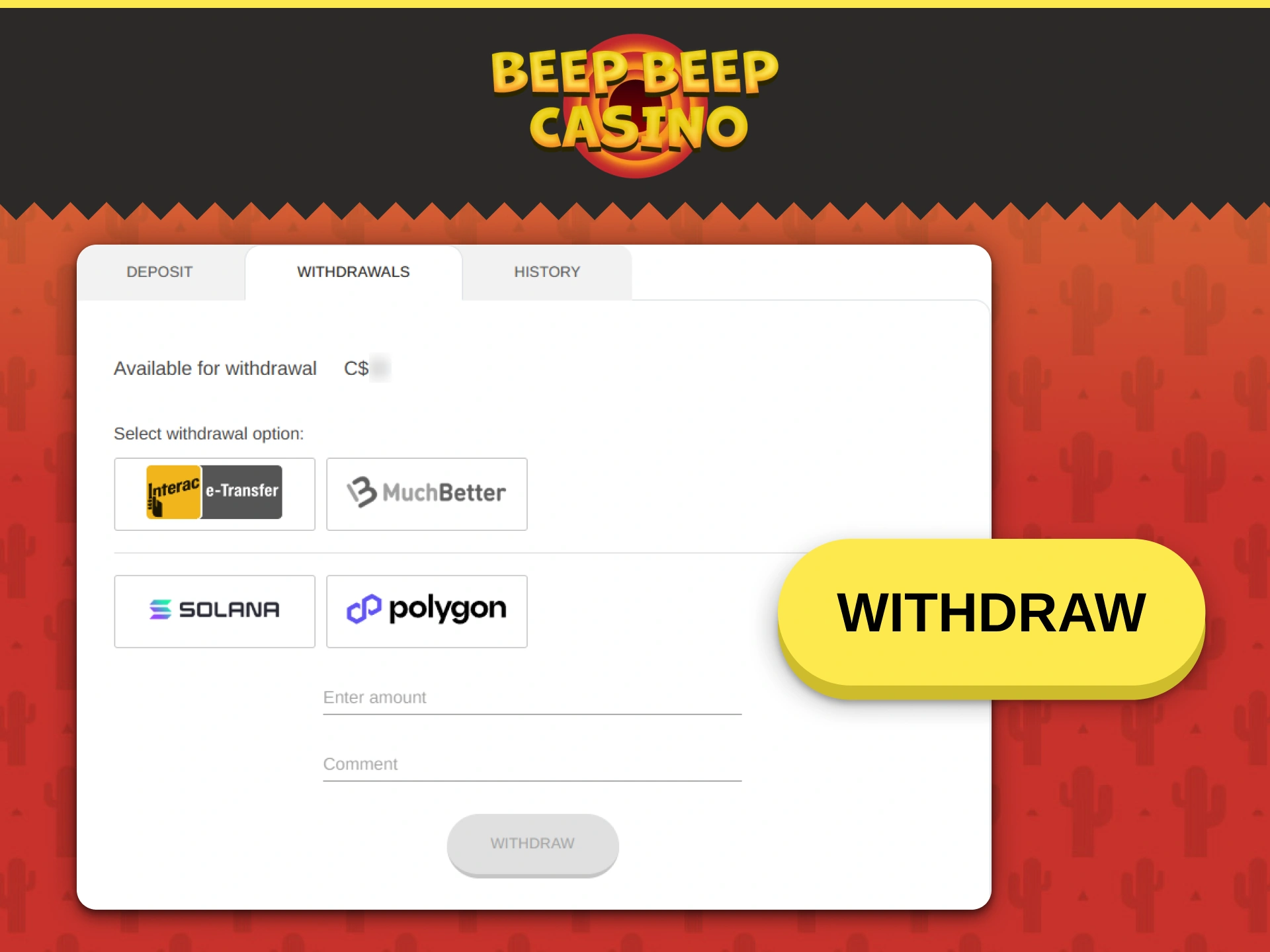 Collect payout earnings securely from your profile at Beep Beep Casino.