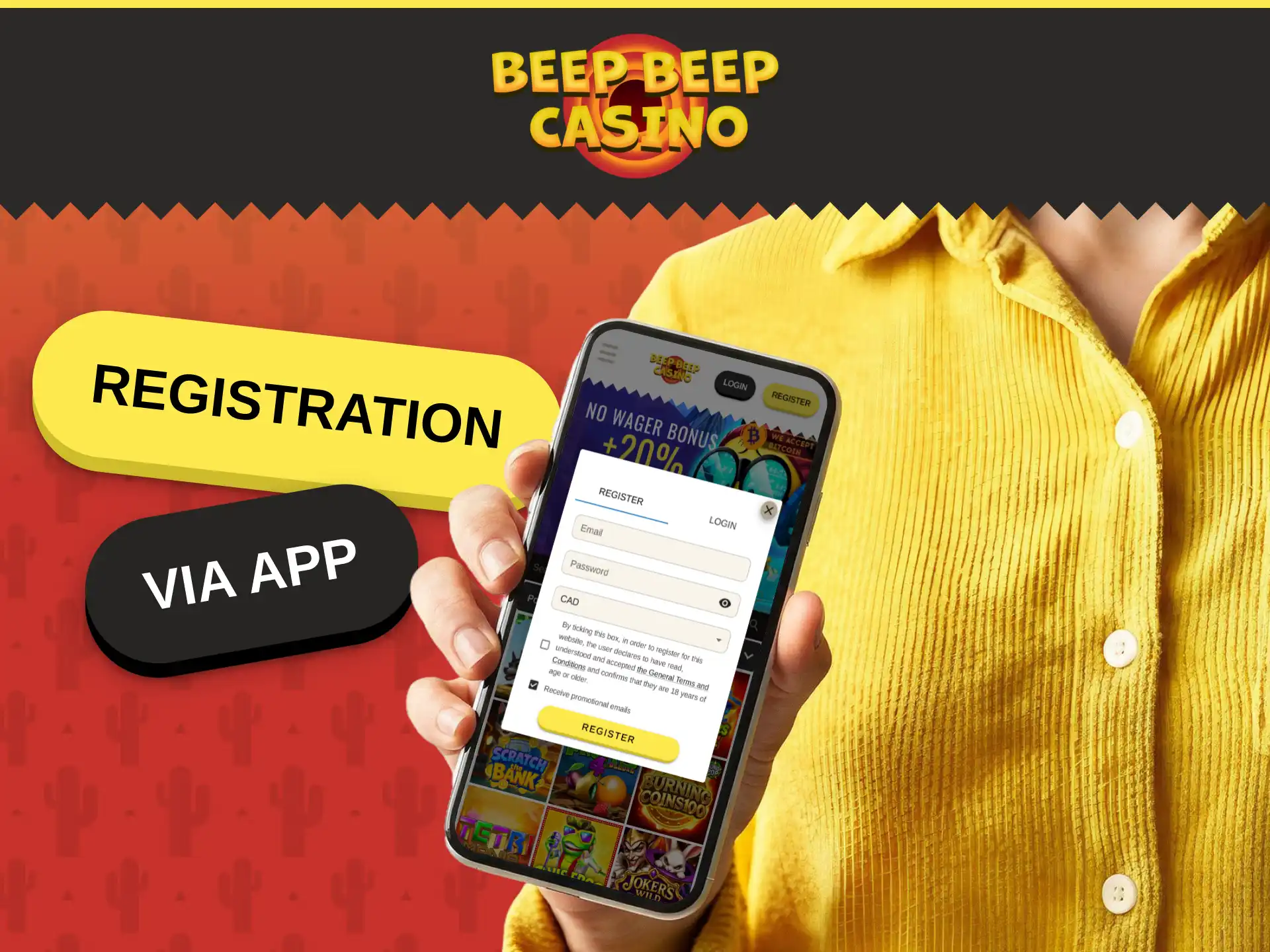 Create a new profile through the Beep Beep Casino app on smartphones.