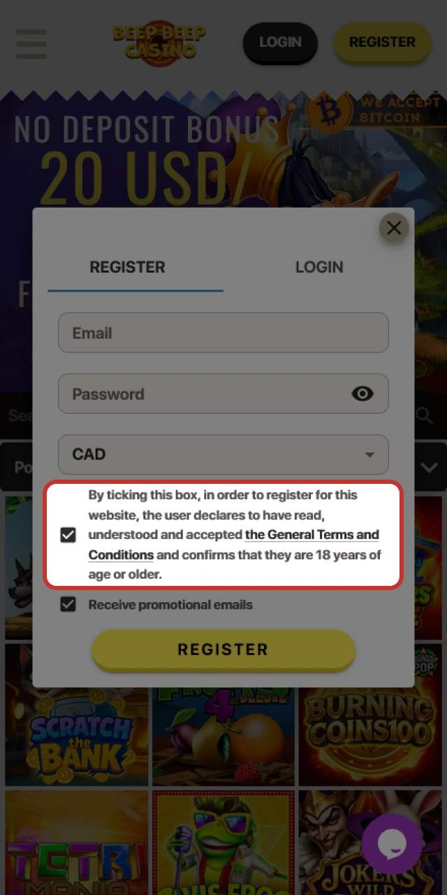 Accept the site rules to proceed with Beep Beep Casino sign up.