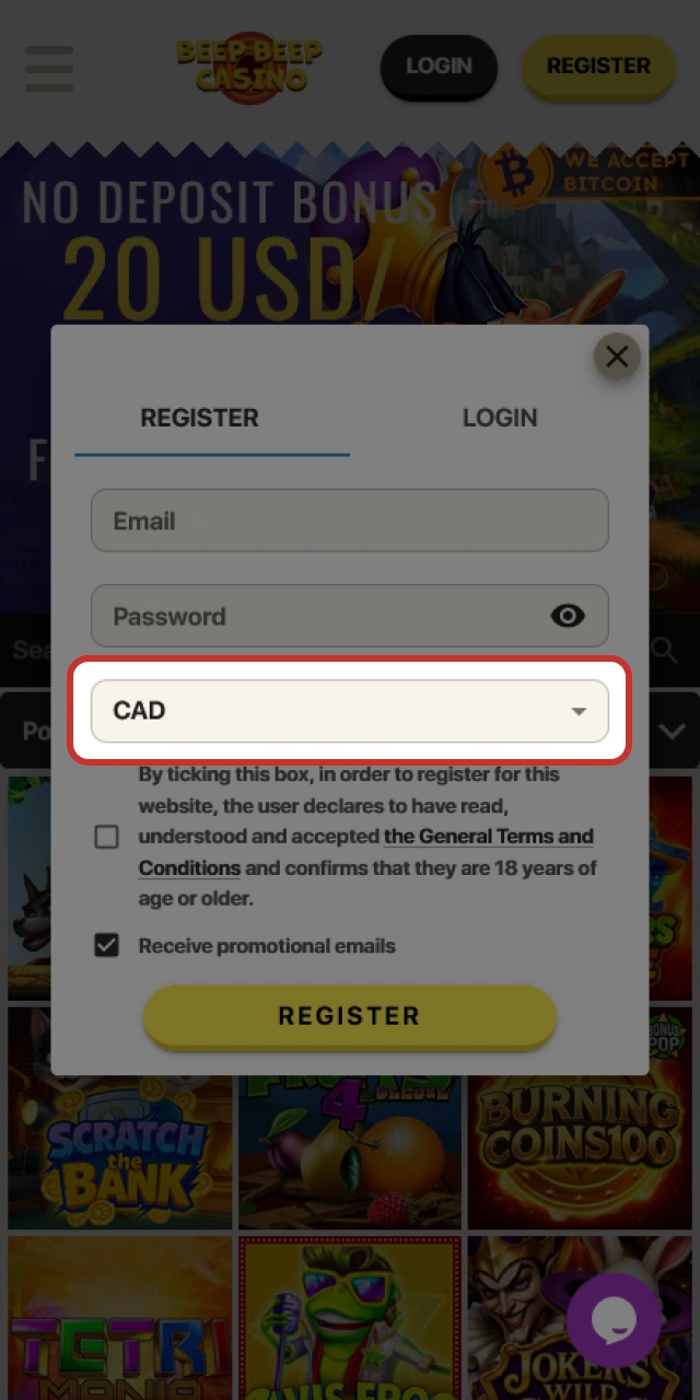 Choose CAD as your currency during Beep Beep Casino sign up.
