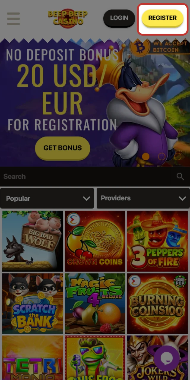 Press the registration button to begin your Beep Beep Casino sign up.