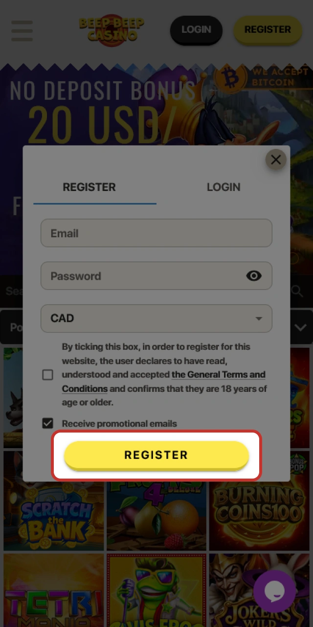 Check your email to confirm the Beep Beep Casino sign up.