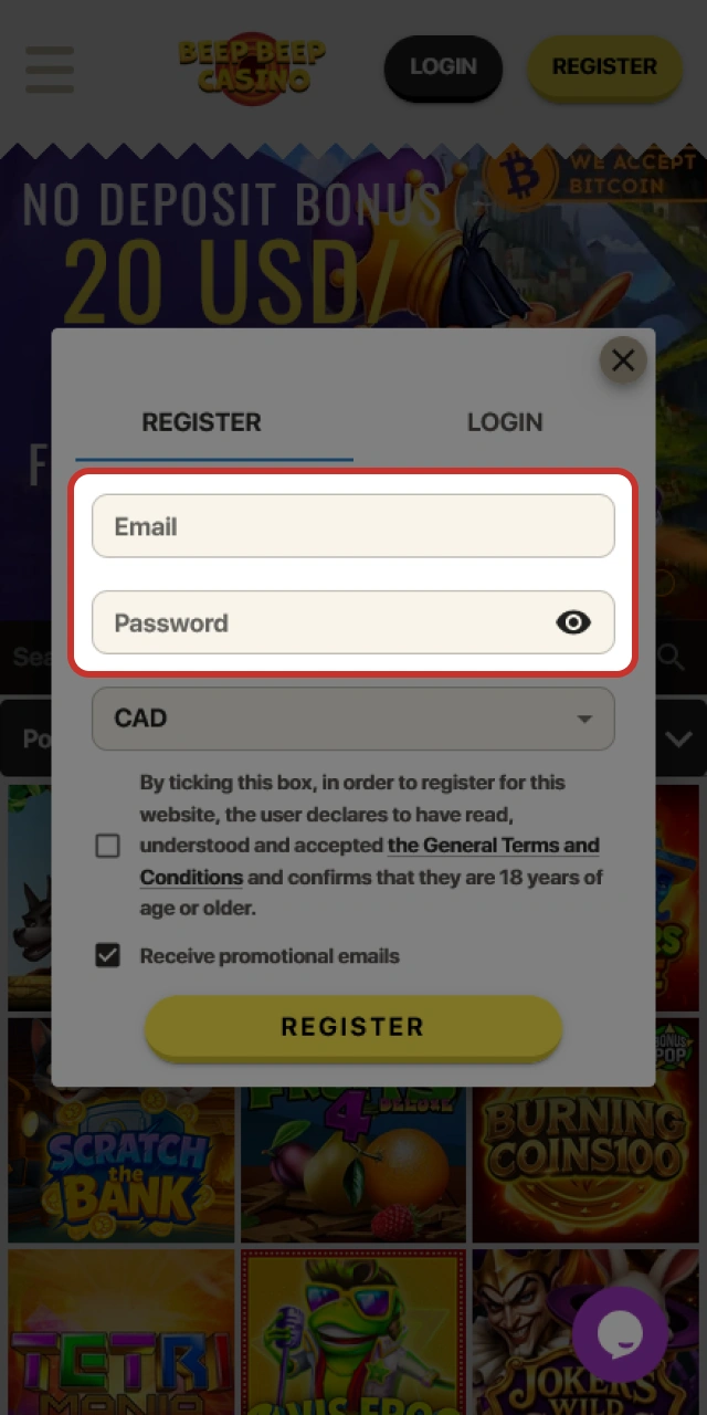 Enter personal details into the Beep Beep Casino sign up form.