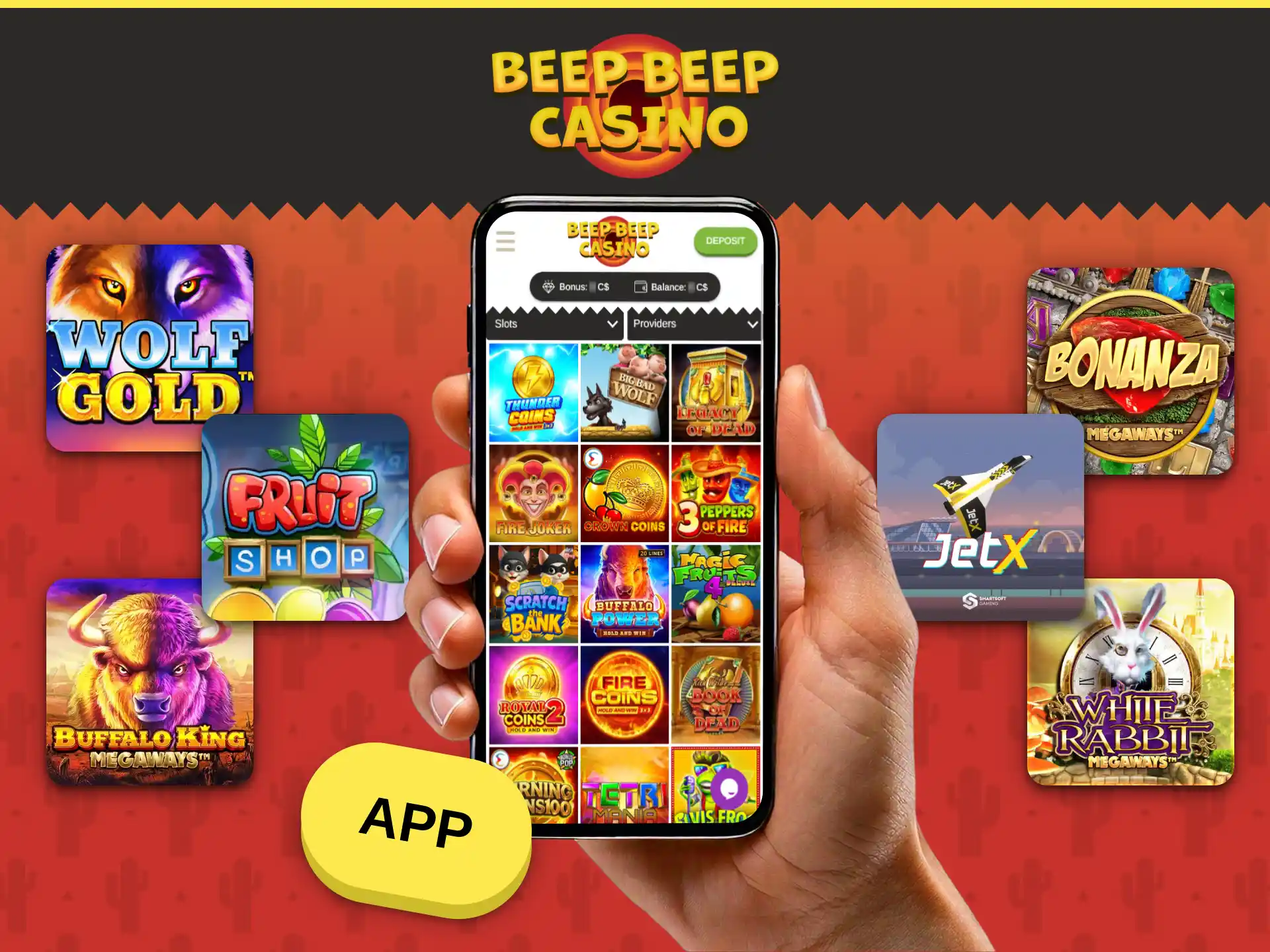 Install the Beep Beep Casino mobile application on Android or iOS for slots.