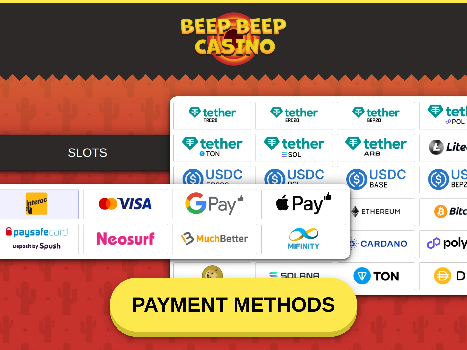 Use safe banking options to play slots at Beep Beep Casino.