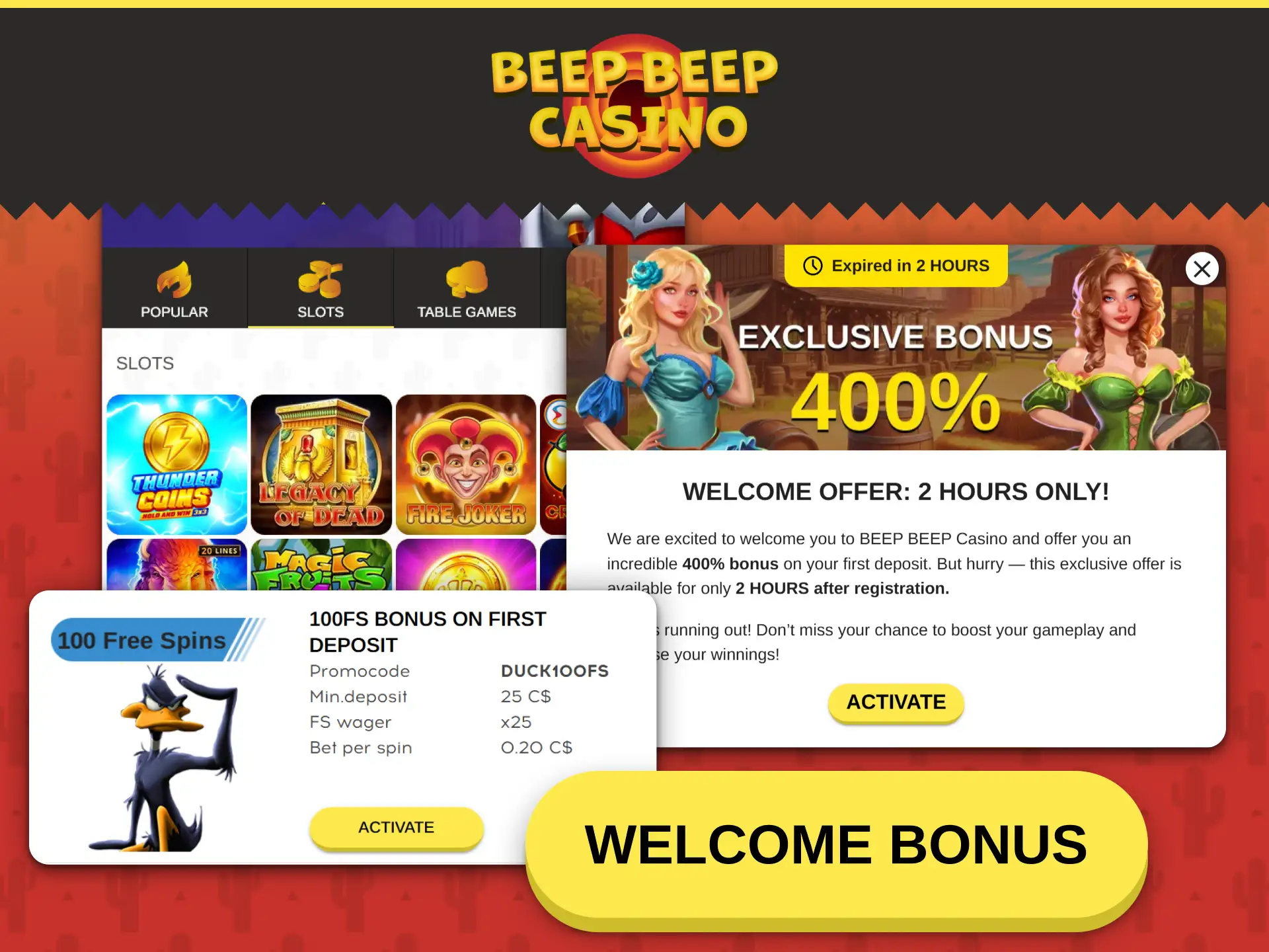 Activate your slot welcome bonus after registering at Beep Beep Casino.