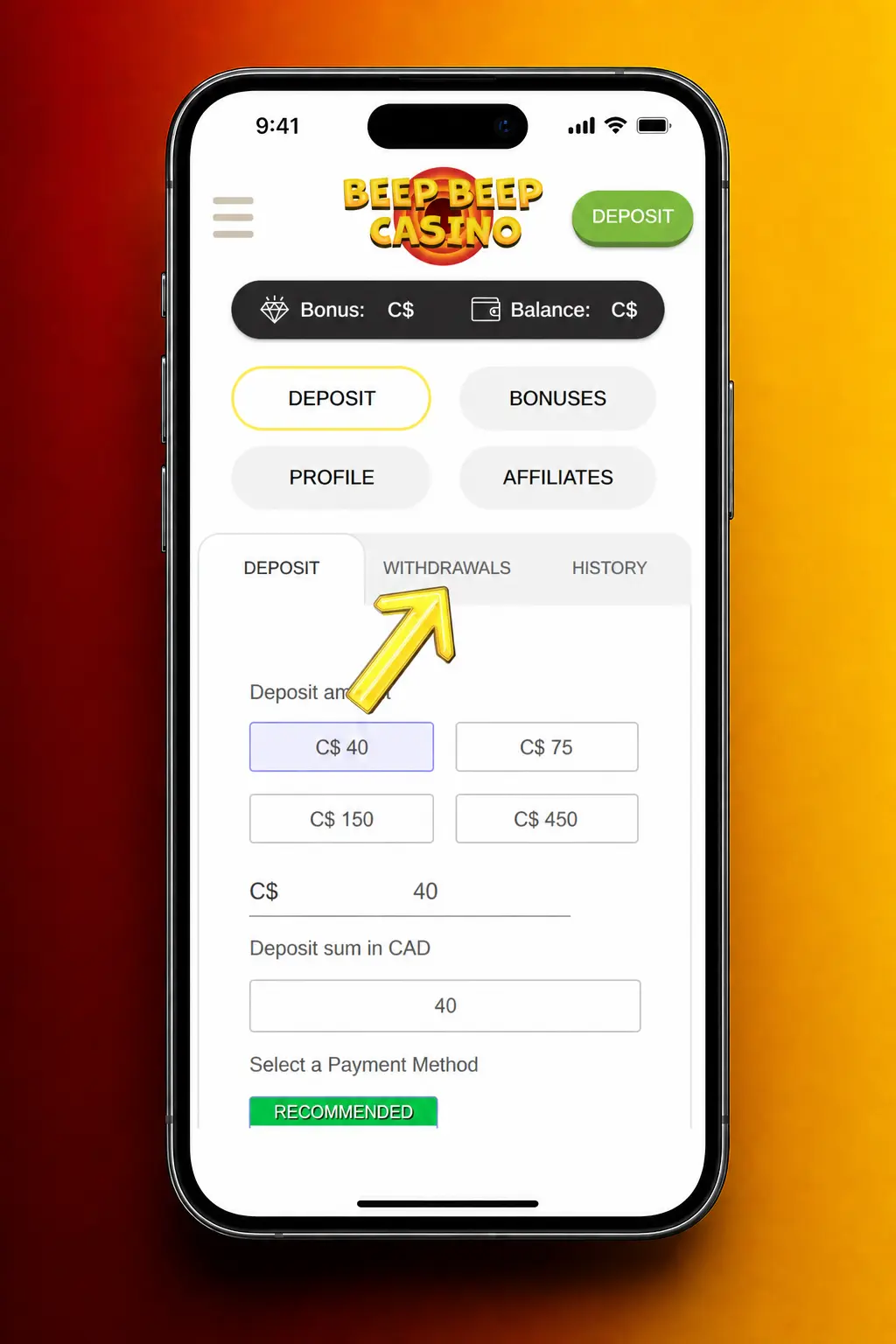 Step-by-step guide showing how to withdraw money from Beep Beep Casino using the Cashier withdrawal menu