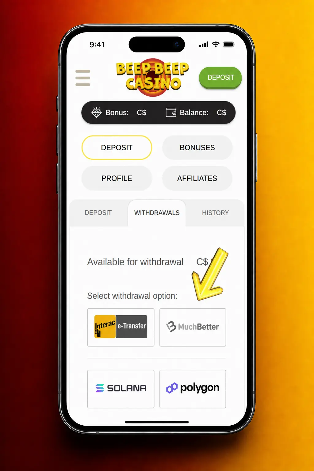 Step-by-step guide showing how to withdraw money from Beep Beep Casino using the Cashier withdrawal menu.