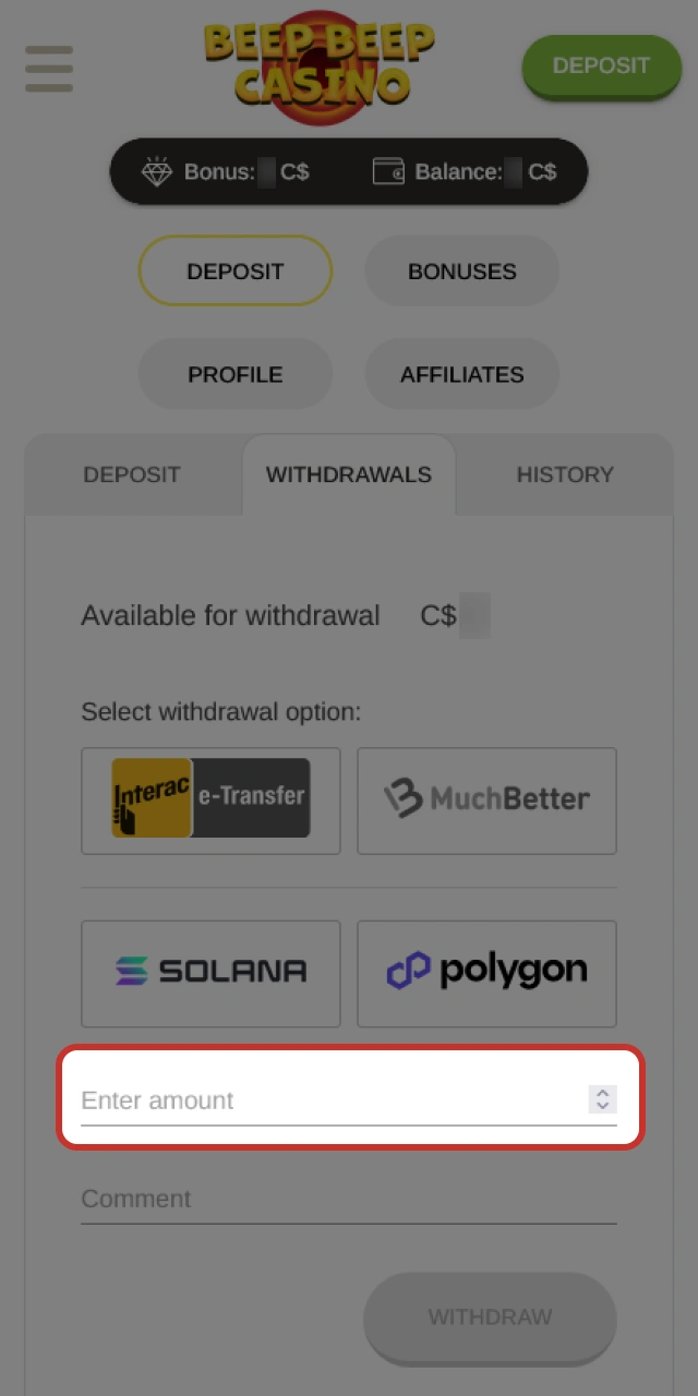 Enter the payout amount to process your Beep Beep Casino withdrawal.