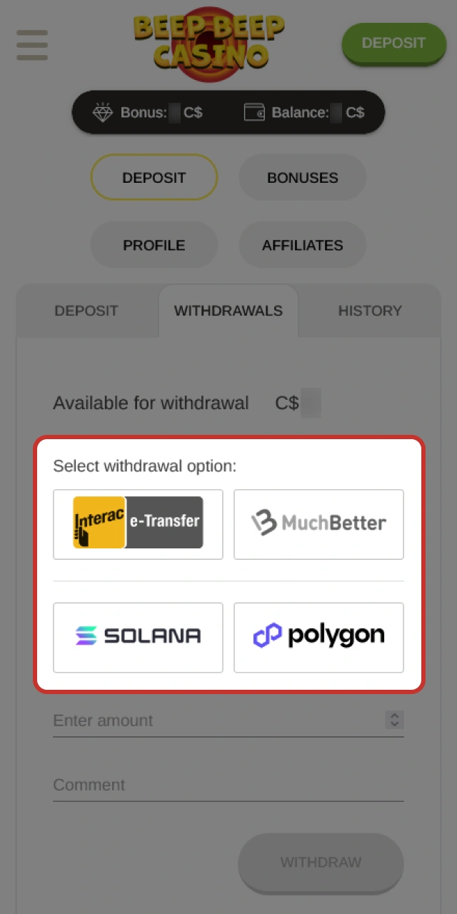 Select your preferred payment option for a Beep Beep Casino withdrawal.