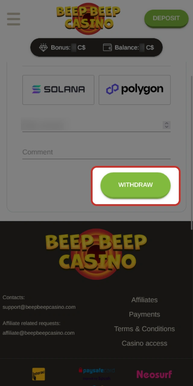Submit the request to track your Beep Beep Casino withdrawal status.