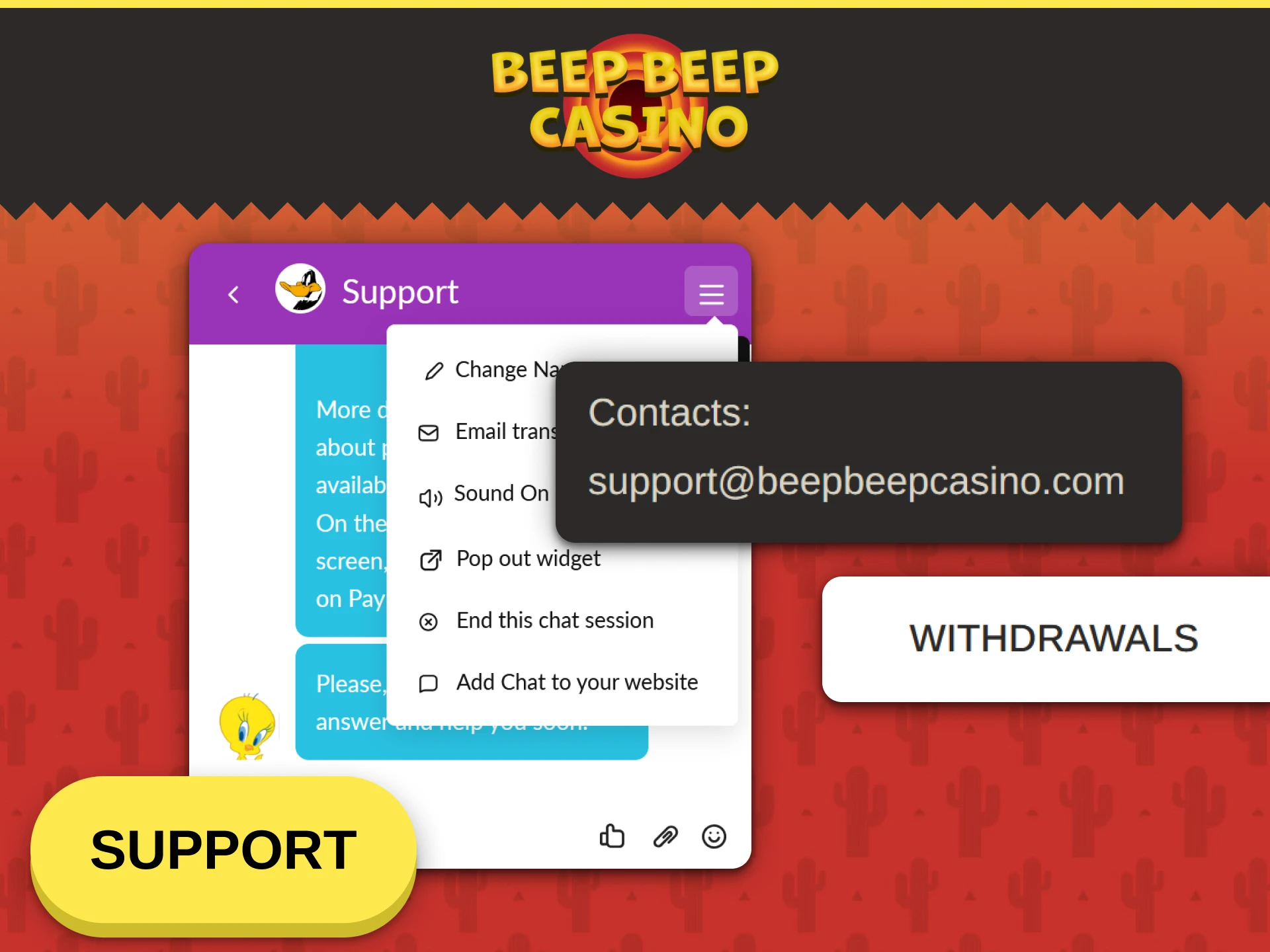 Contact Beep Beep Casino customer support for help with withdrawal questions.